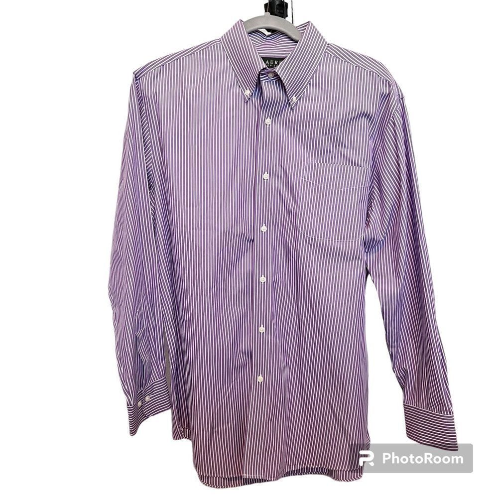 Lauren Ralph Lauren Purple & White Stripes Button Down 100% Cotton size 17 34/35